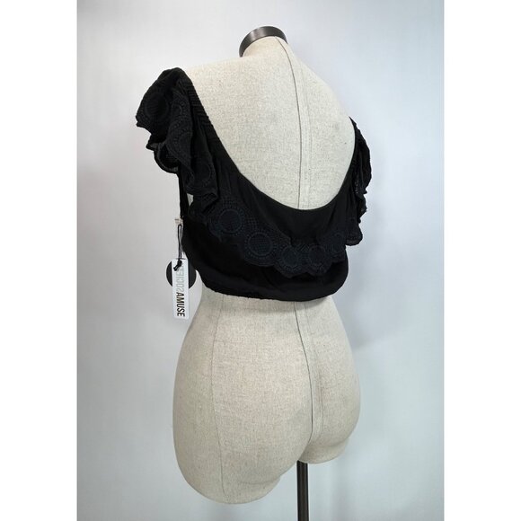 AMUSE SOCIETY Crop Top Sz L Black Embroidered Button Up Off The Shoulder Boho - Picture 3 of 10